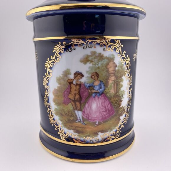 Vintage Limoges Cobalt Blue Gold Trim 9” Lidded Jar Courting Couple France - Picture 2 of 9